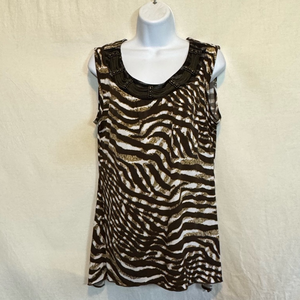 C-199 New Directions Brown & White Animal Print Beaded Sleeveless Blouse Size L